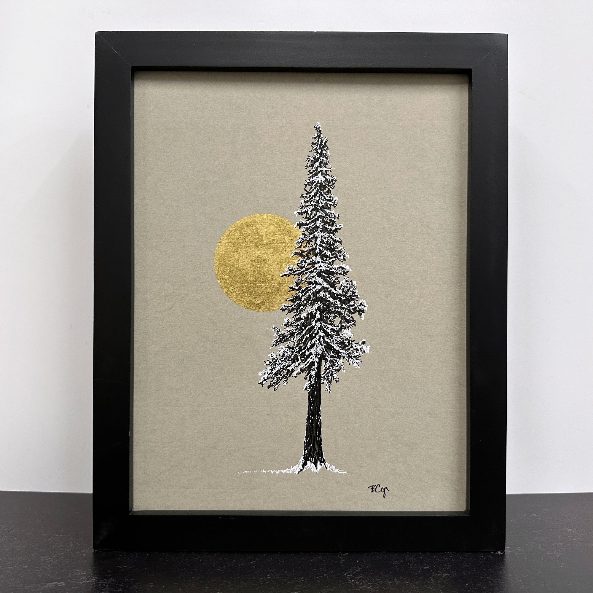 Snowy Tree with Full Moon on Gray - 8.5”x11” original drawing