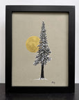 Snowy Tree with Full Moon on Gray - 8.5”x11” original drawing