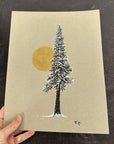 Snowy Tree with Full Moon on Gray - 8.5”x11” original drawing