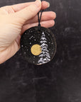 Wood Round Ornament - 15 - Snowy Tree Gold Moon