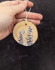 Wood Round Ornament - 14 - 2 Snowy Trees Silver Moon