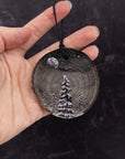 Wood Round Ornament - 26 - Snowy Foggy Trees Silver Moon