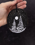 Wood Round Ornament - 29 - 2 Snowy Trees Silver Moon