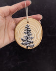 Wood Round Ornament - 25 - Single Snowy Tree Silver Stars