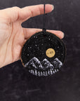 Wood Round Ornament - 24 - Snowy Mountains Gold Moon Tiny Snowy Trees