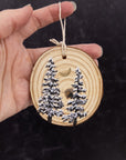 Wood Round Ornament - 23 - Snowy Trees Gold Crescent Moon