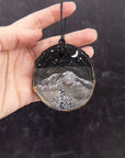 Wood Round Ornament - 22 - Snowy Mountain, Trees and Silver Crescent Moon