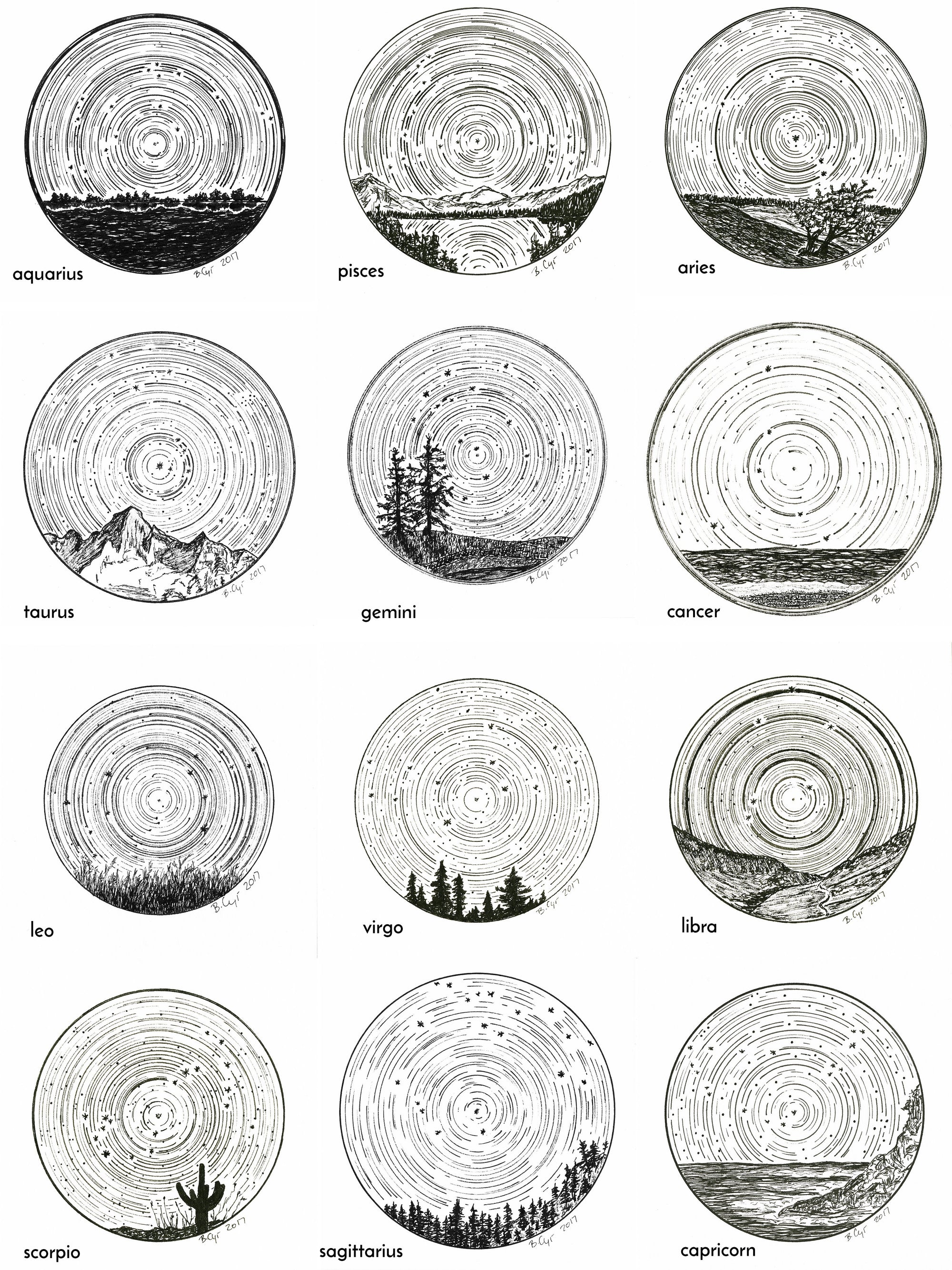 Leo - Star Trails - Zodiac Constellations - Pen and Ink Drawing Print - Beth Cyr Handmade Jewelry