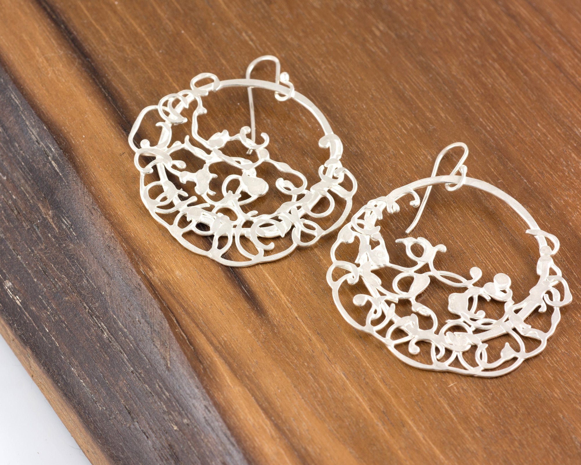 Circle and Climbing Organic Vine Earrings in Sterling Silver #27 - Shiny Finish - Ready to Ship - Beth Cyr Handmade Jewelry