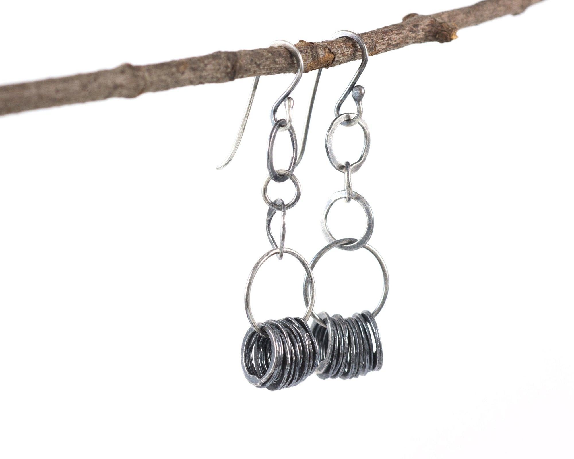 Circle Cluster Earrings in Sterling Silver and Fine Silver with Dark Patina #14 - Ready to Ship - Beth Cyr Handmade Jewelry