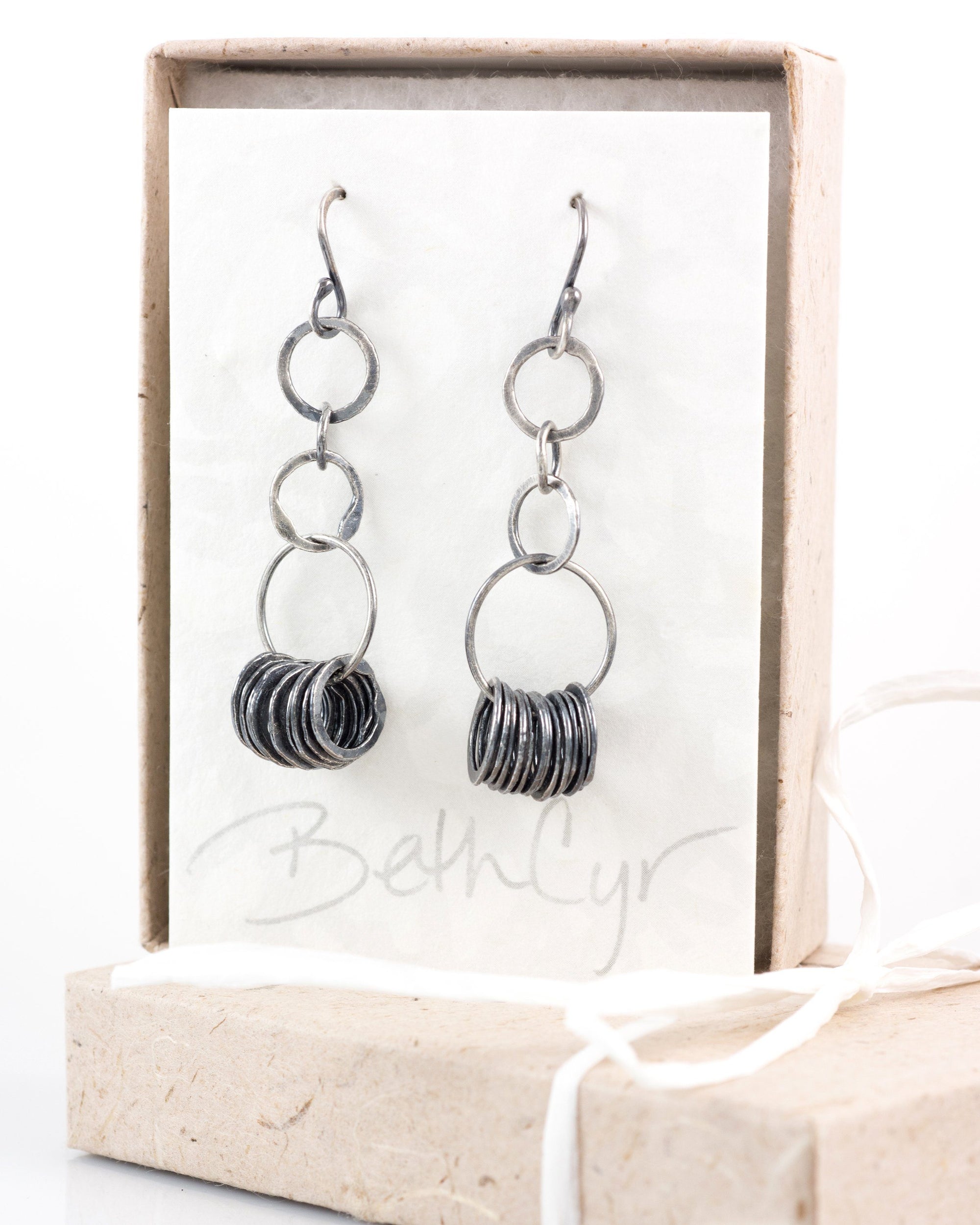 Circle Cluster Earrings in Sterling Silver and Fine Silver with Dark Patina #14 - Ready to Ship - Beth Cyr Handmade Jewelry