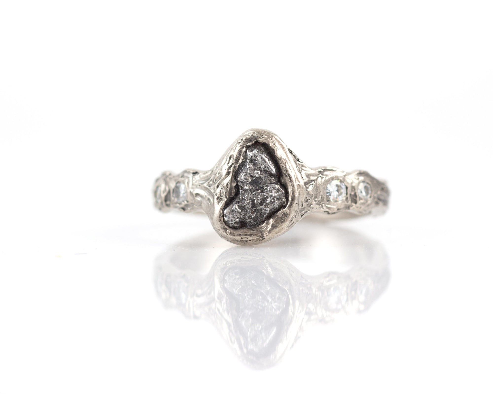 Meteorite Engagement Ring with Moissanite in Palladium/Silver with Tree Bark Texture - size 7 - Beth Cyr Handmade Jewelry