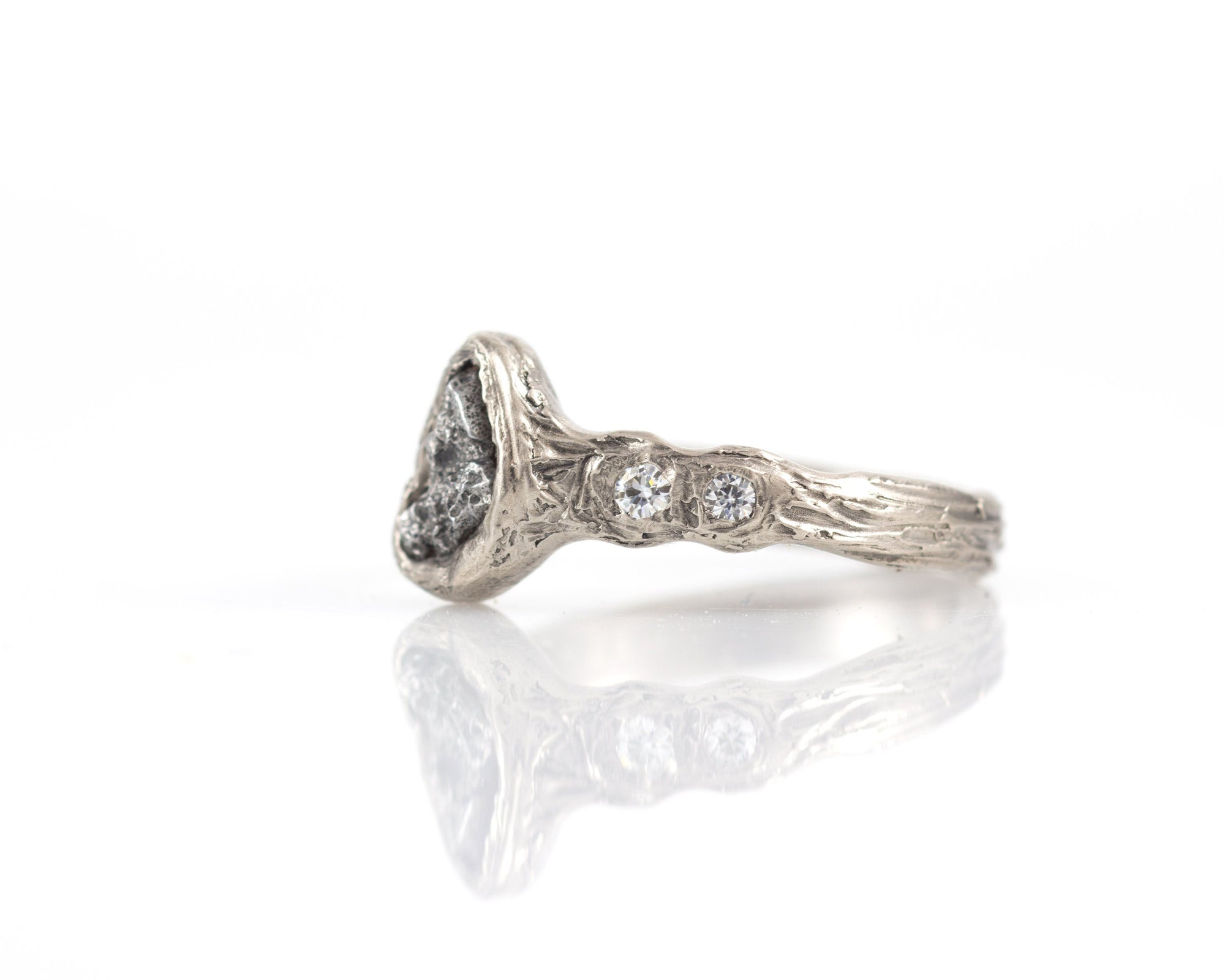 Meteorite Engagement Ring with Moissanite in Palladium/Silver with Tree Bark Texture - size 7 - Beth Cyr Handmade Jewelry