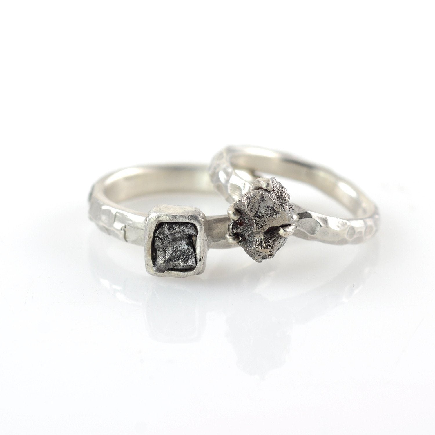 Meteorite Ring with Carved Band and Prong Setting in Palladium Sterling Silver - size 5 - Ready to Ship - Beth Cyr Handmade Jewelry