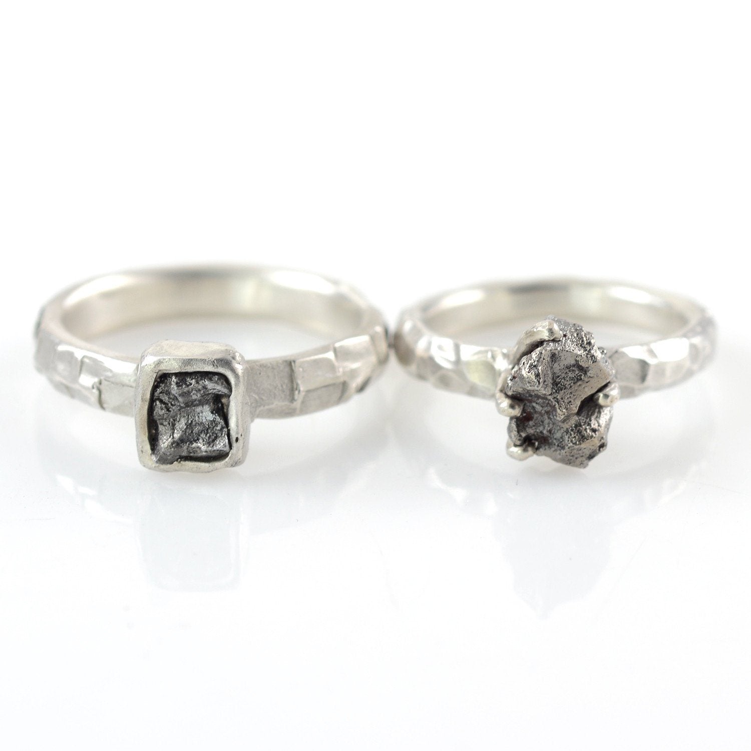 Meteorite Ring with Carved Band and Prong Setting in Palladium Sterling Silver - size 5 - Ready to Ship - Beth Cyr Handmade Jewelry