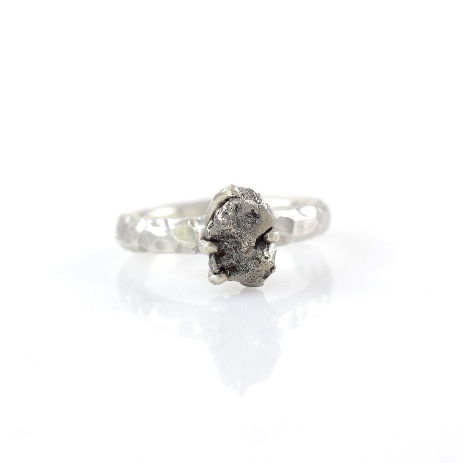 Meteorite Ring with Carved Band and Prong Setting in Palladium Sterling Silver - size 5 - Ready to Ship - Beth Cyr Handmade Jewelry