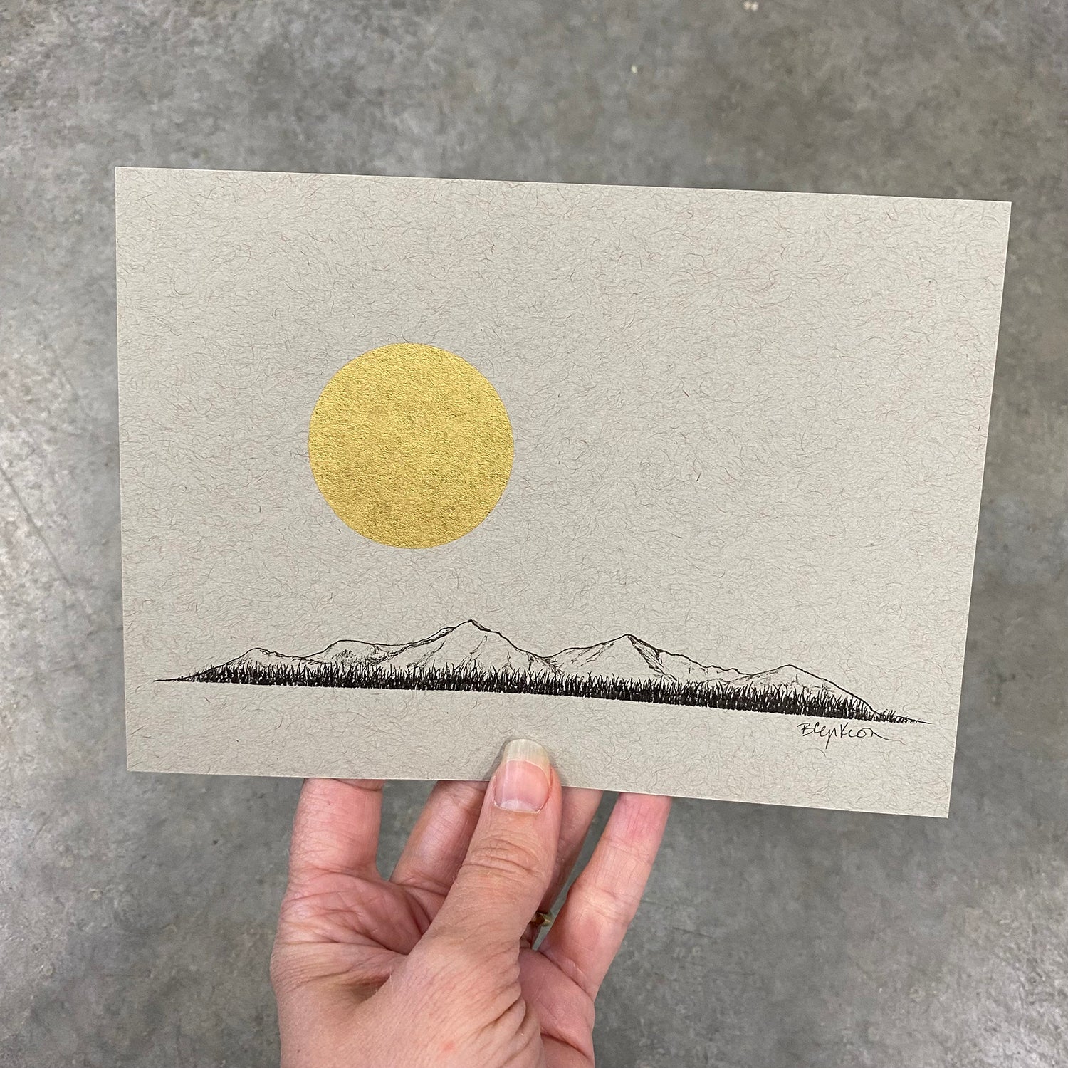 Peaceful mountains and full moon - Grey and Gold Collection 