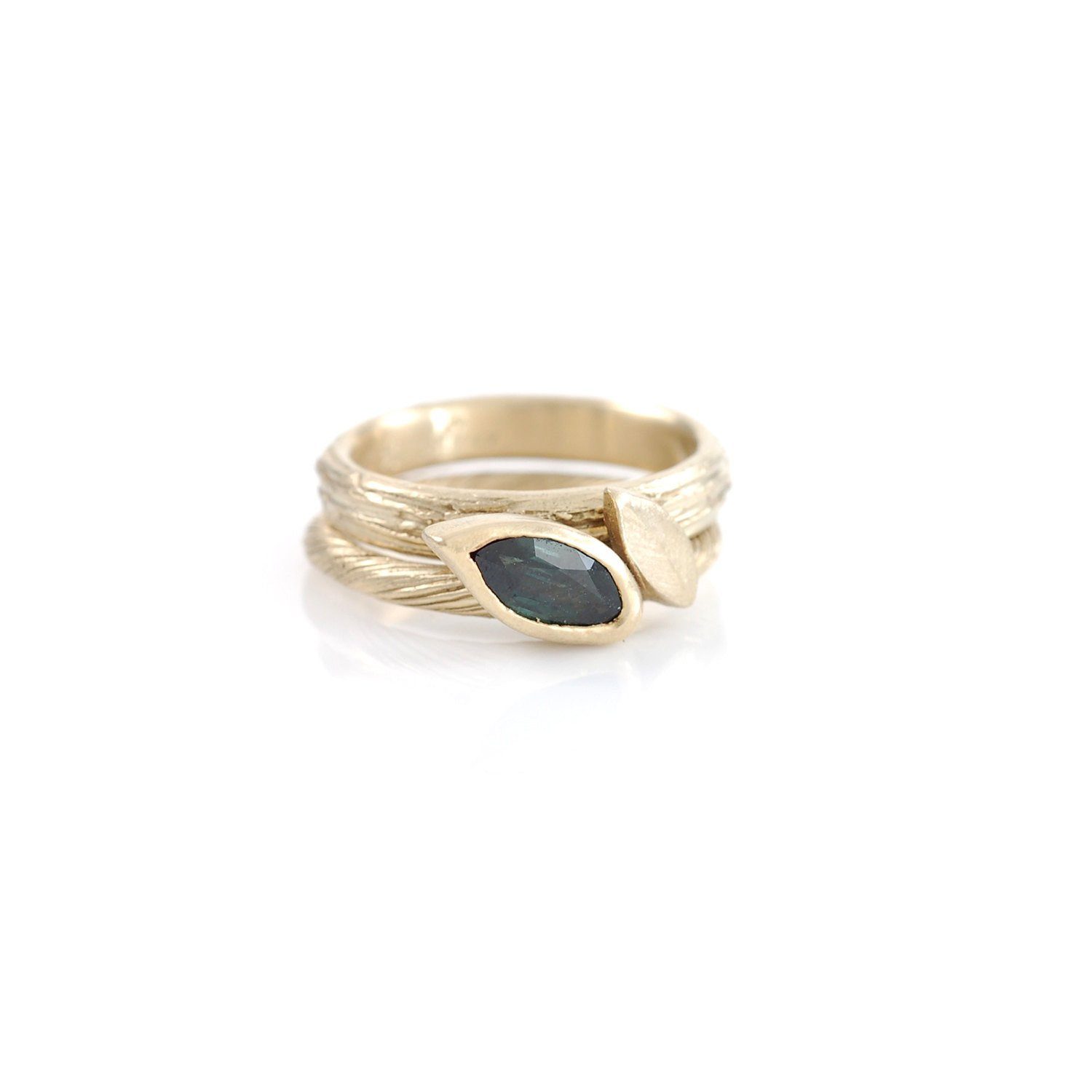 Vine and Leaf Engagement Ring with Green Sapphire - size 5 - Ready to Ship - Beth Cyr Handmade Jewelry