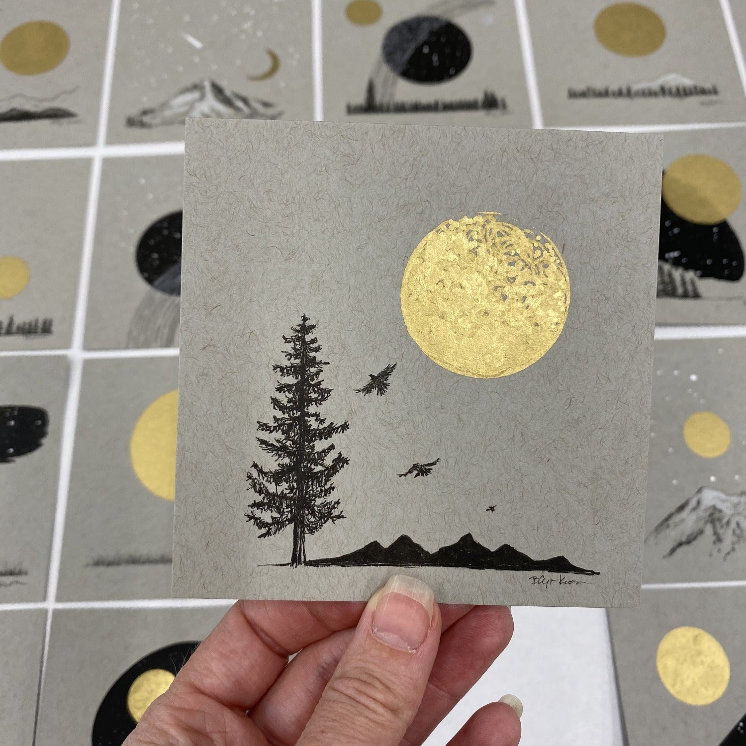 Bird and Mountain Silhouettes, Tree and Moon - Grey and Gold Collection 