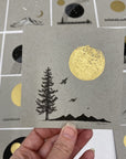 Bird and Mountain Silhouettes, Tree and Moon - Grey and Gold Collection 