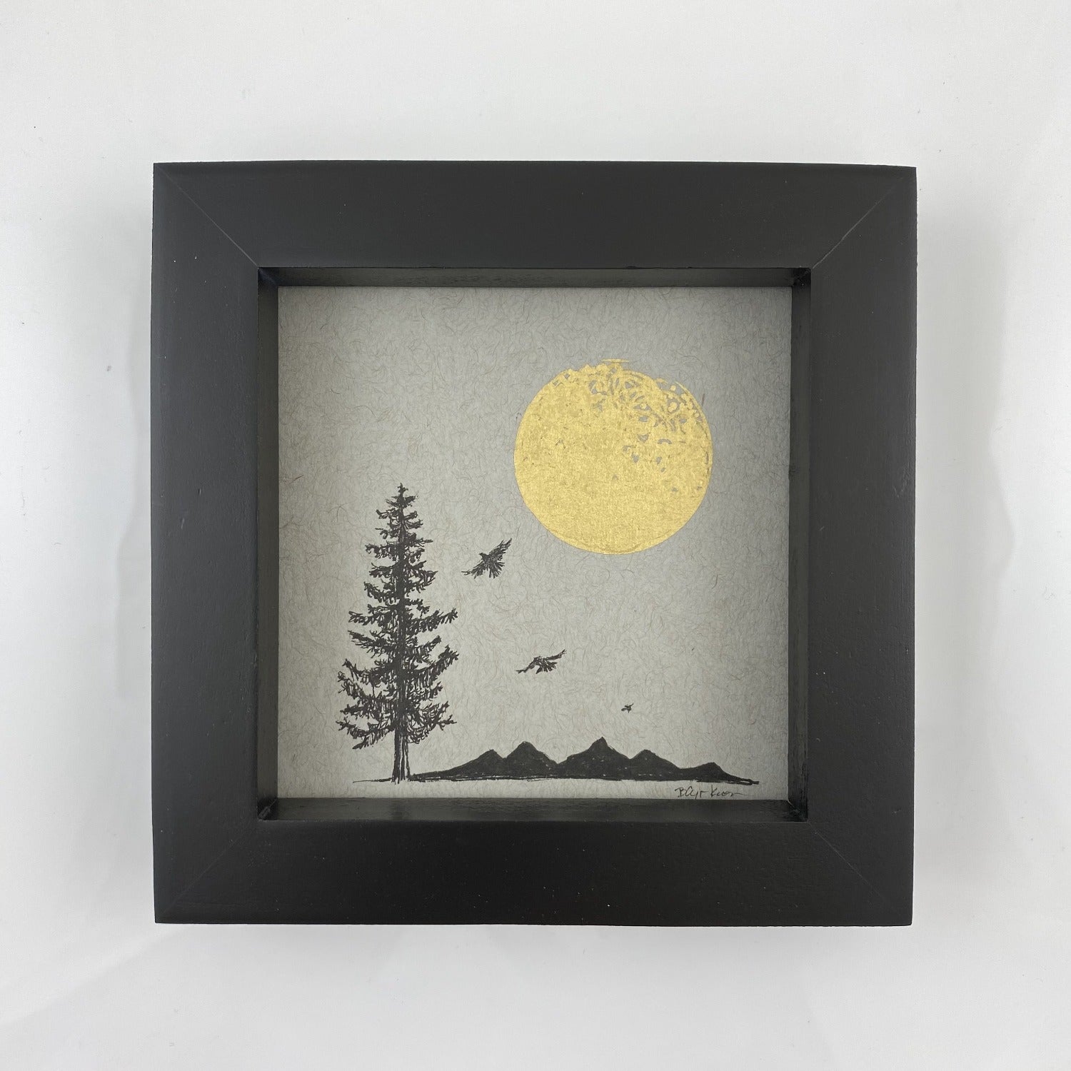 Bird and Mountain Silhouettes, Tree and Moon - Grey and Gold Collection 