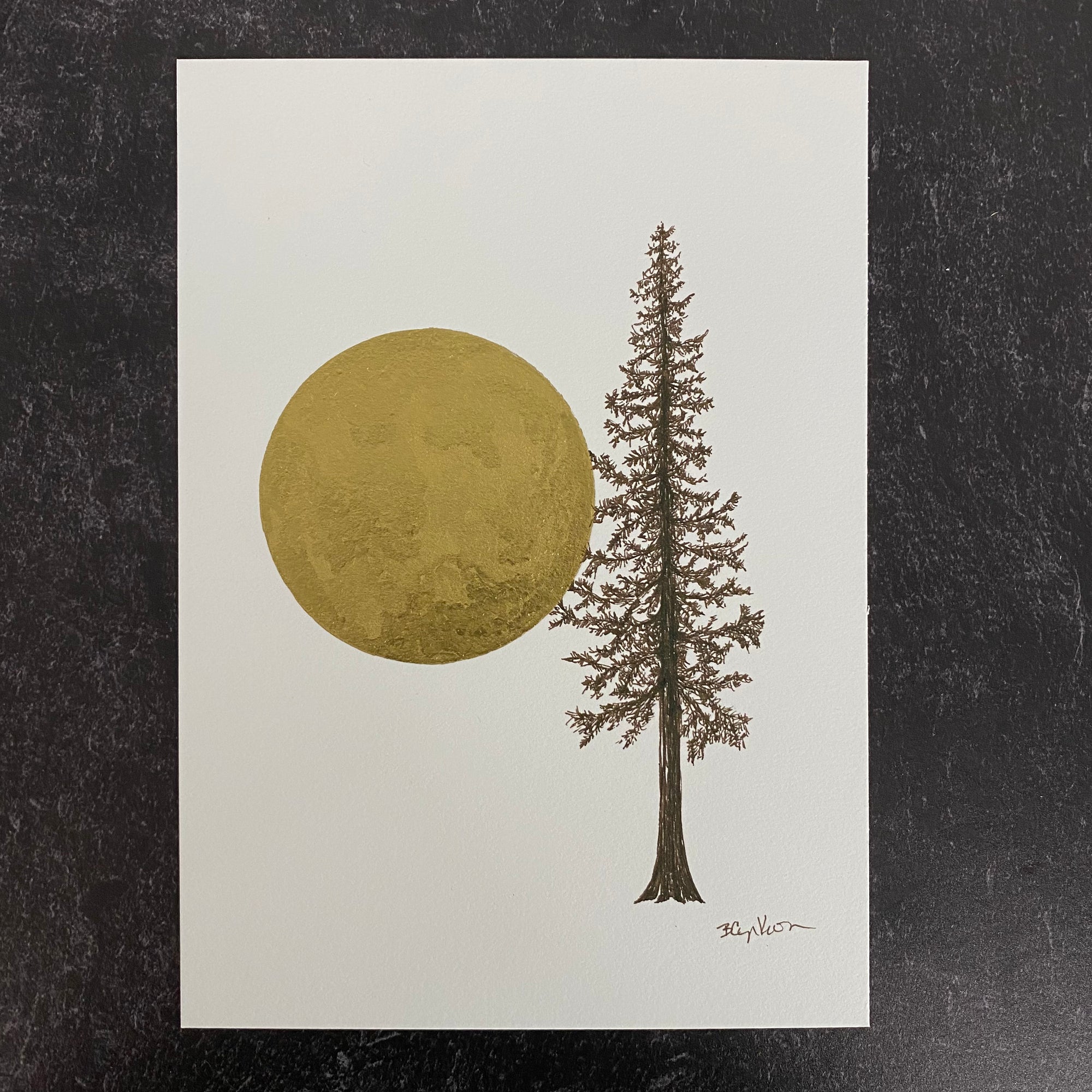 Giant Full moon with tall tree in brown ink - Original Drawing - 5&quot; x 7&quot;