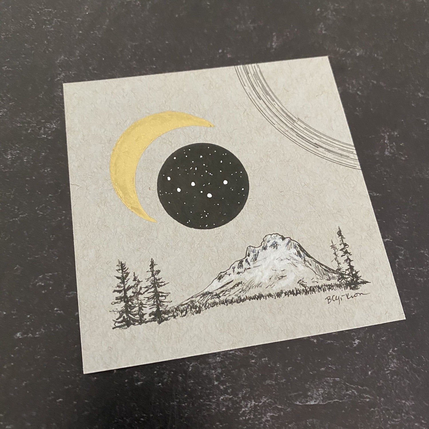 Moon, Cassiopeia and Mt. Hood (and star trails) - Grey and Gold Collection 