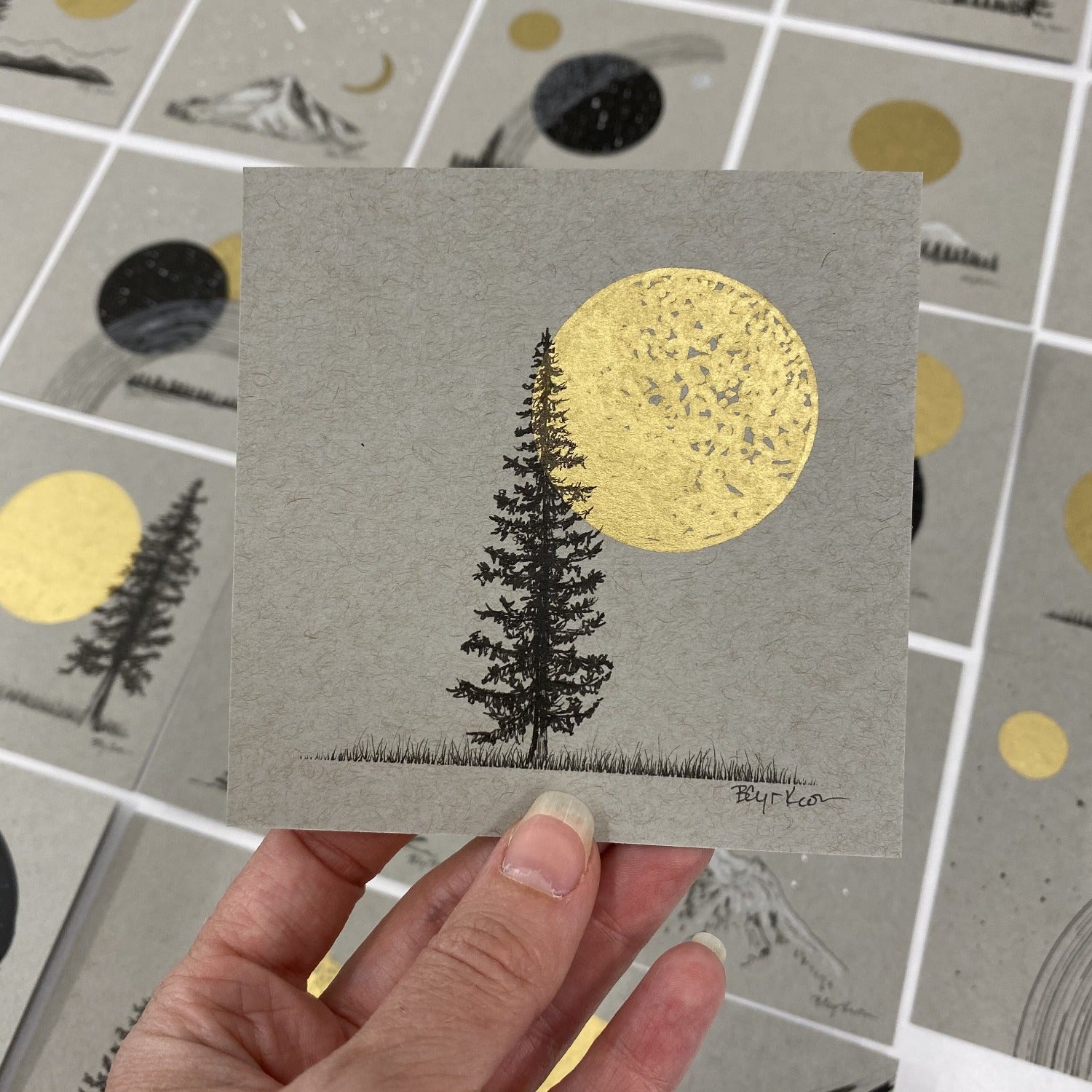 Centered Tree and Solo Moon - Grey and Gold Collection 