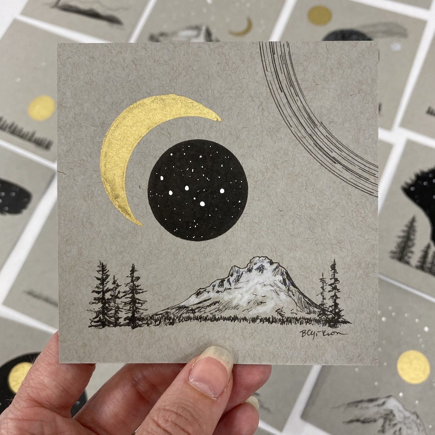 Moon, Cassiopeia and Mt. Hood (and star trails) - Grey and Gold Collection 