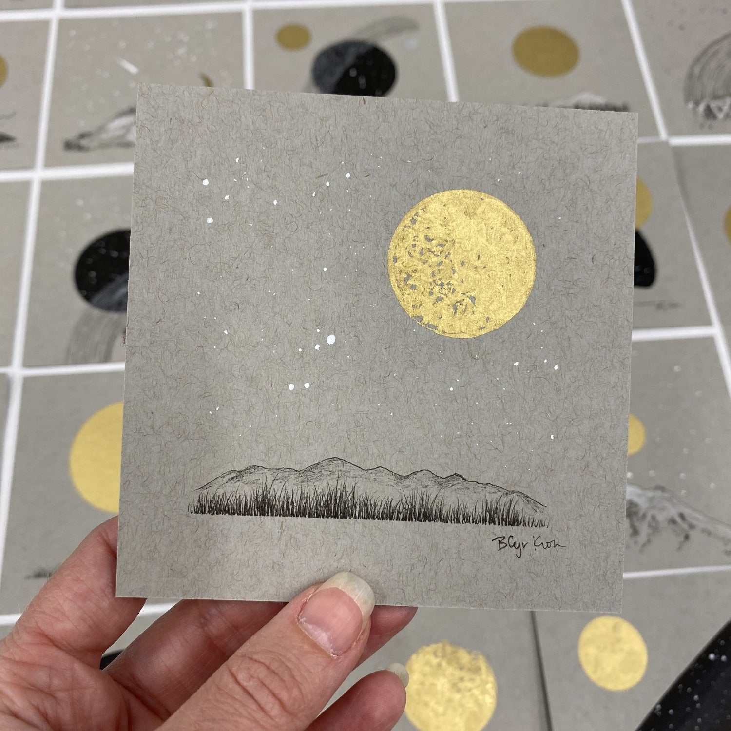 Lyra, Full Moon and a Grassy Mountain Horizon - Grey and Gold Collection 