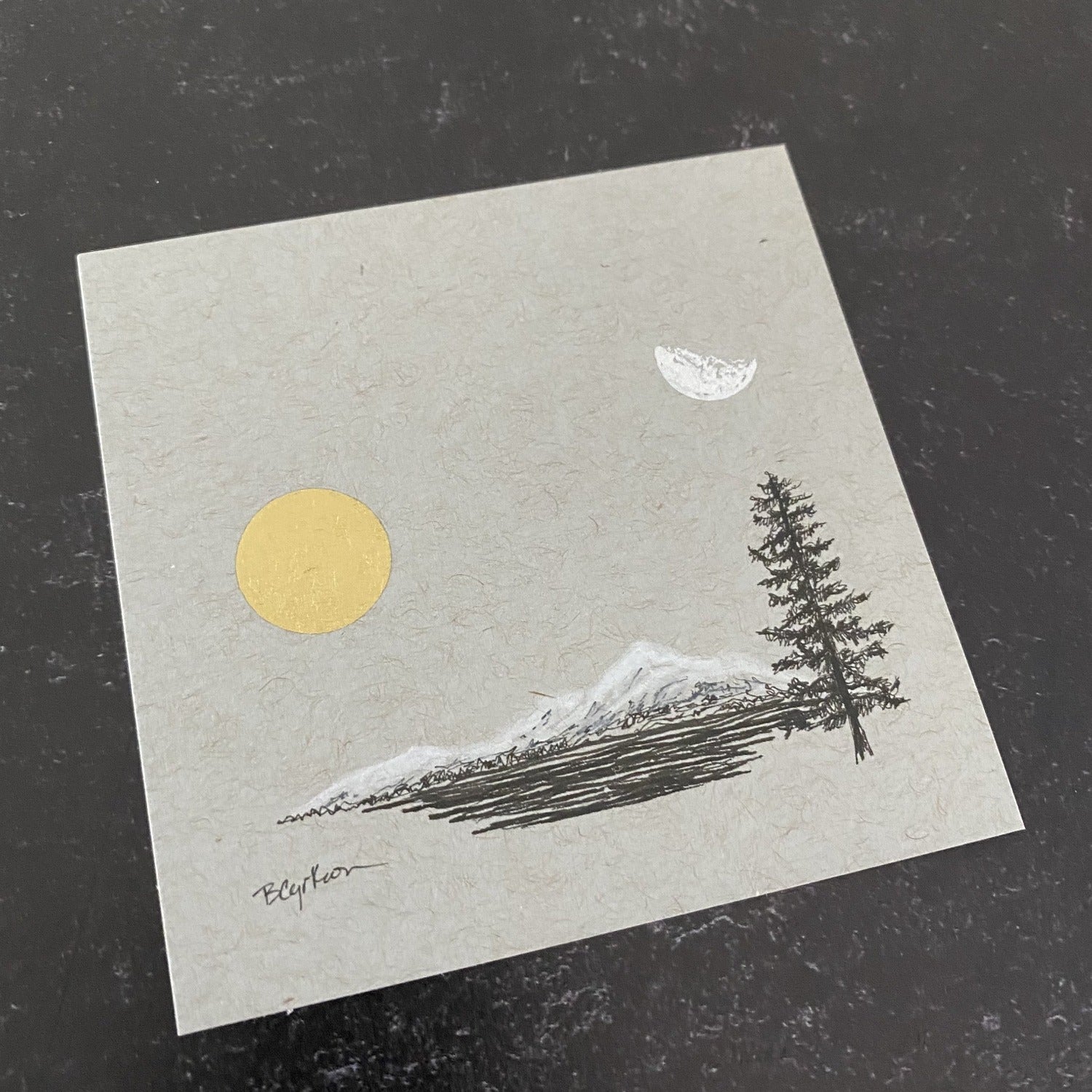 Daytime Moon, Sun, Mountain, Water and Solo Tree - Grey and Gold Collection 