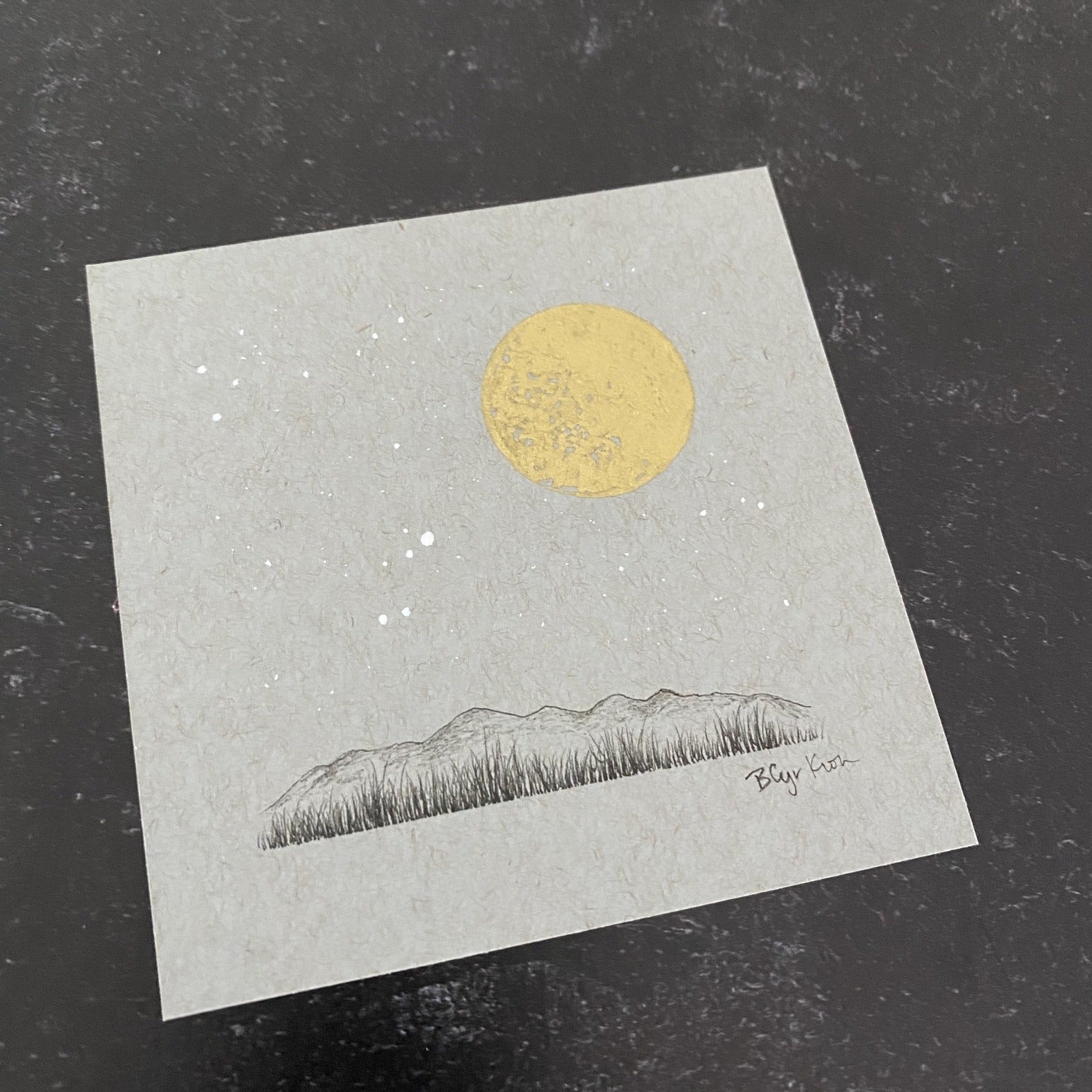 Lyra, Full Moon and a Grassy Mountain Horizon - Grey and Gold Collection 