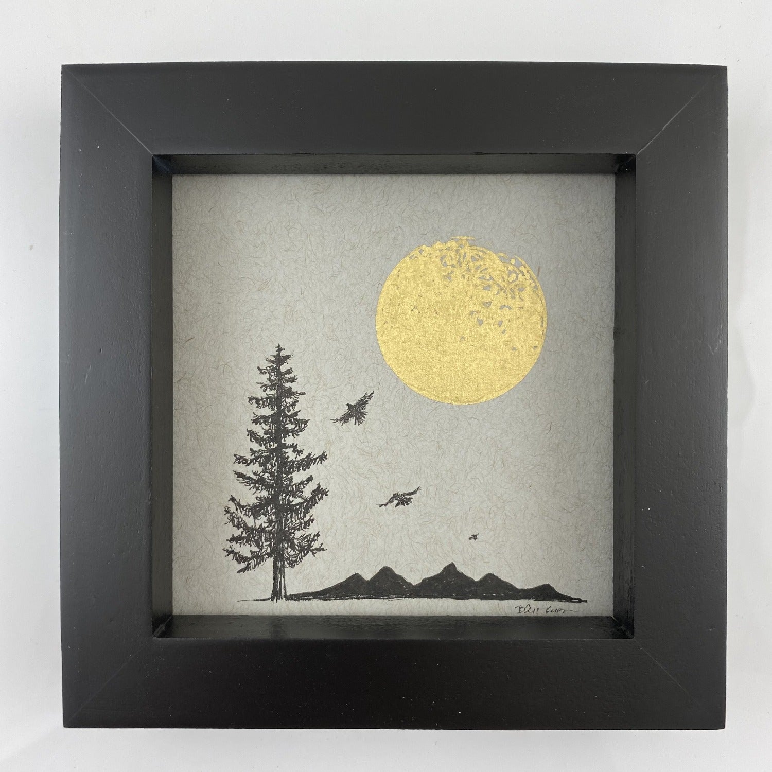 Bird and Mountain Silhouettes, Tree and Moon - Grey and Gold Collection 