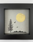 Bird and Mountain Silhouettes, Tree and Moon - Grey and Gold Collection 