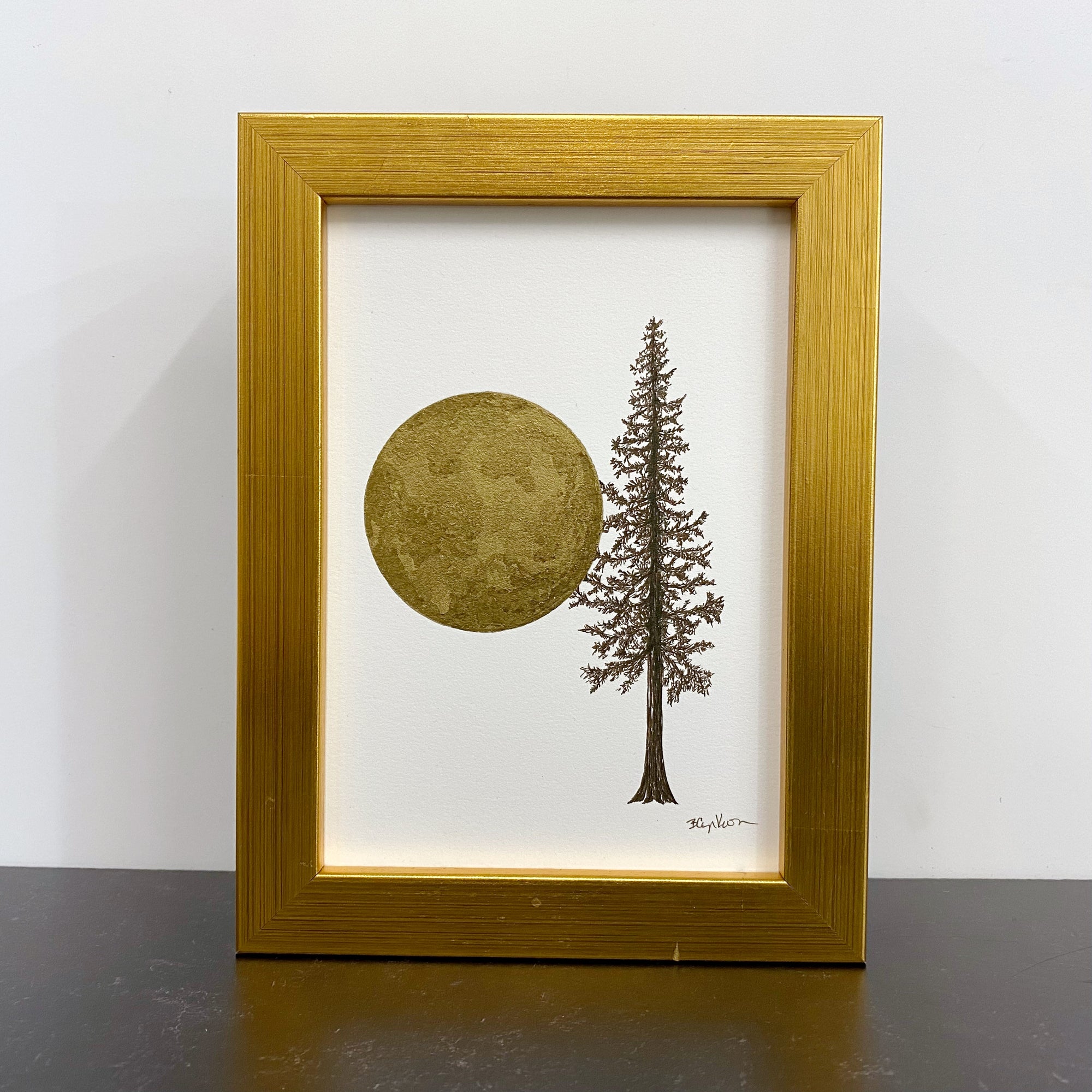 Giant Full moon with tall tree in brown ink - Original Drawing - 5&quot; x 7&quot;