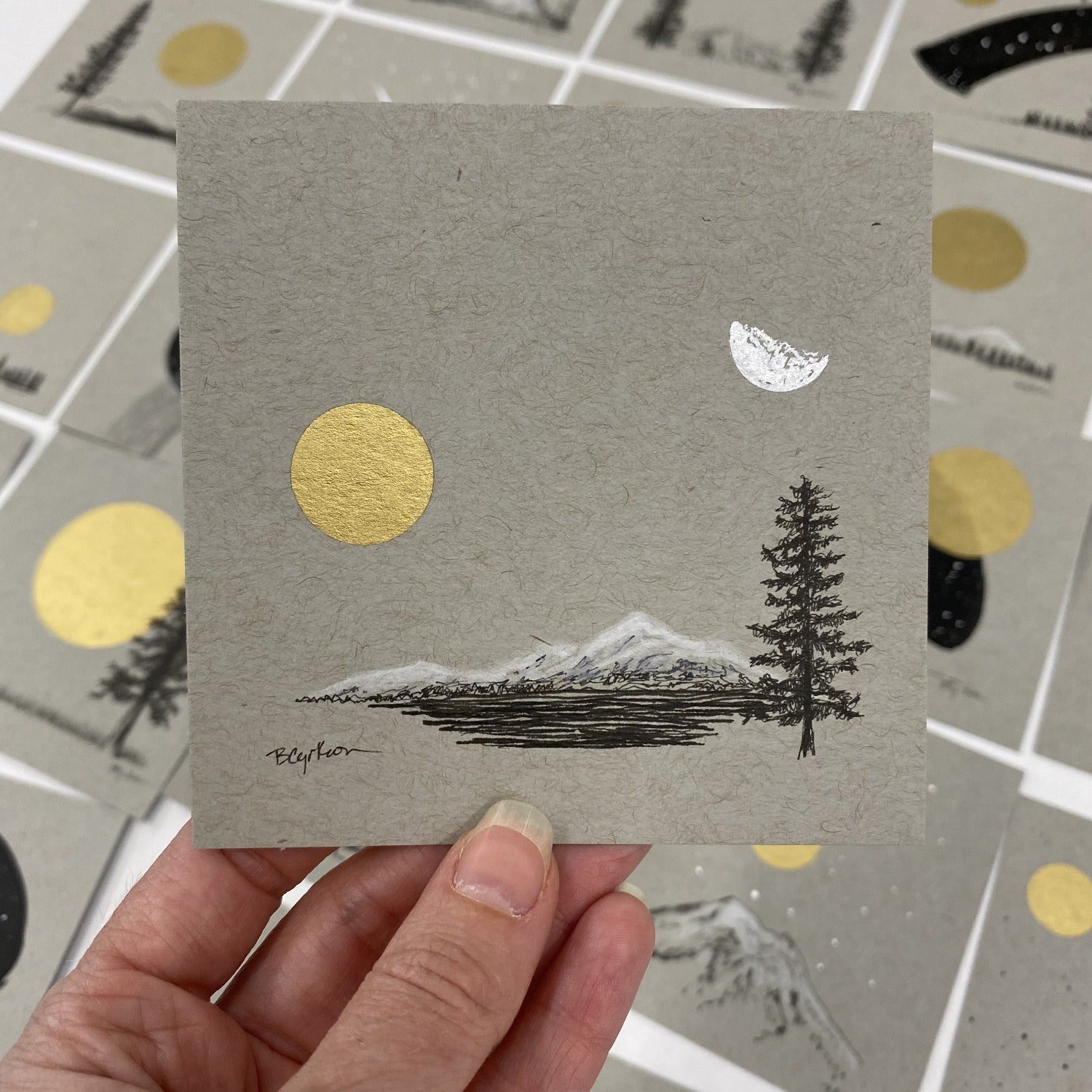 Daytime Moon, Sun, Mountain, Water and Solo Tree - Grey and Gold Collection 