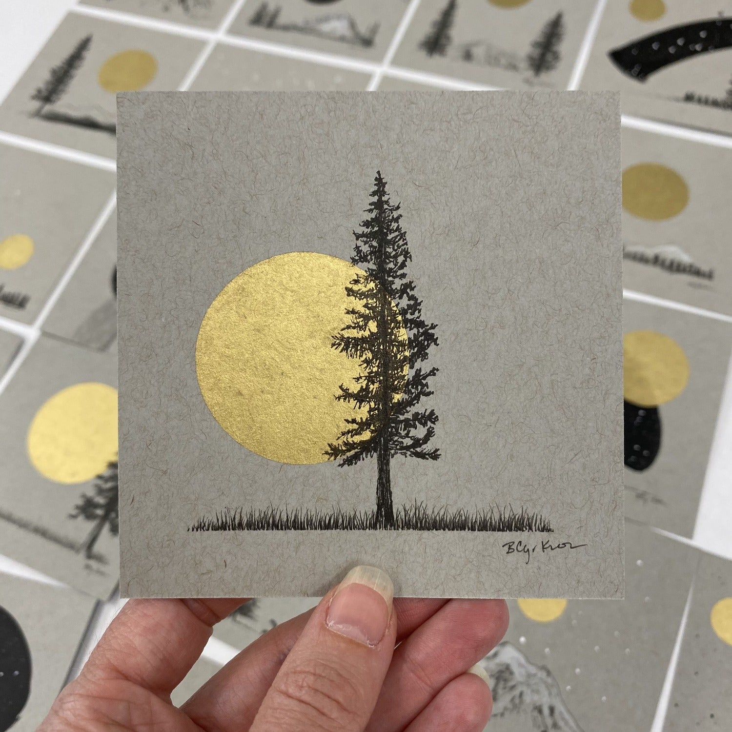 Giant Moon and Solo Tree in Field - Grey and Gold Collection 