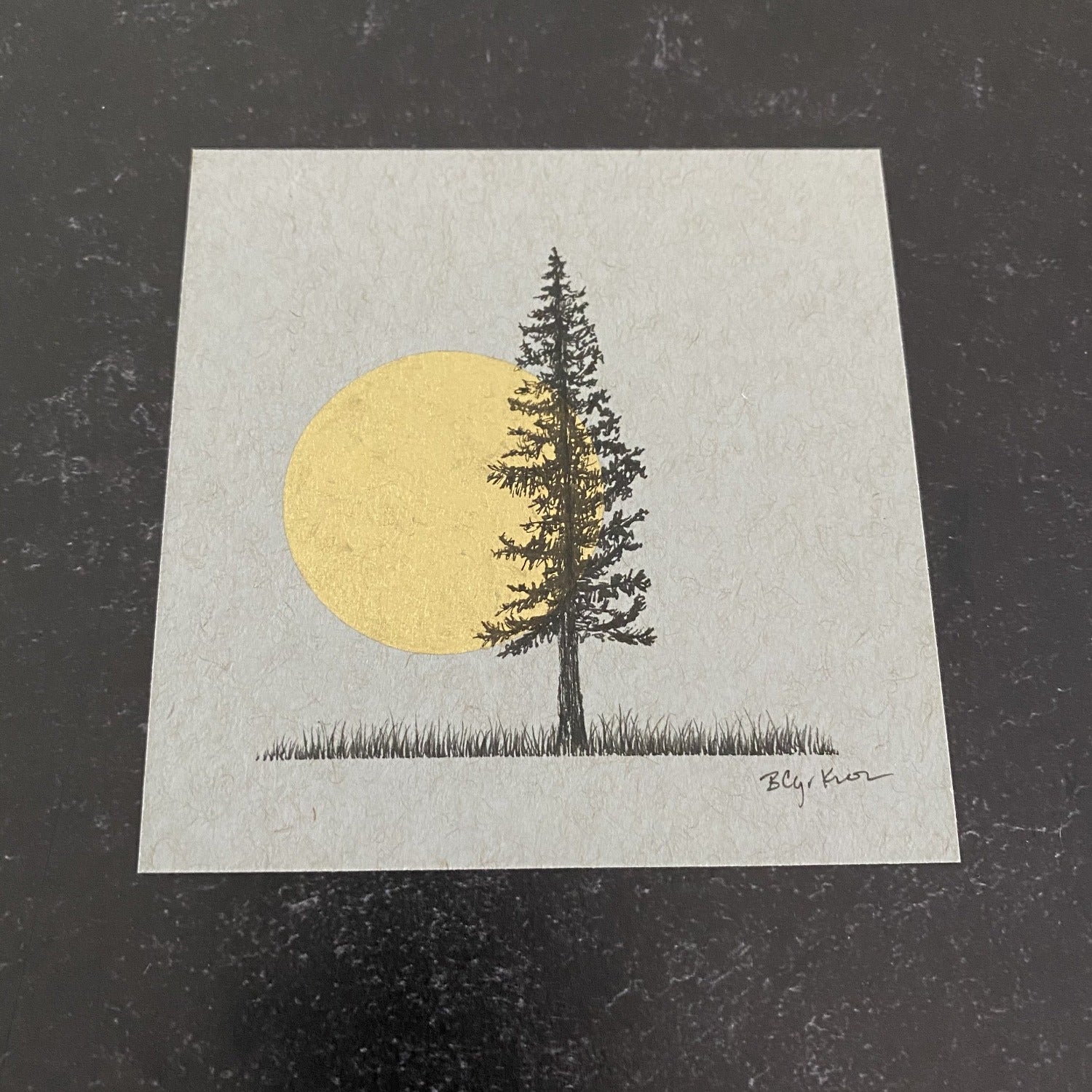 Giant Moon and Solo Tree in Field - Grey and Gold Collection 