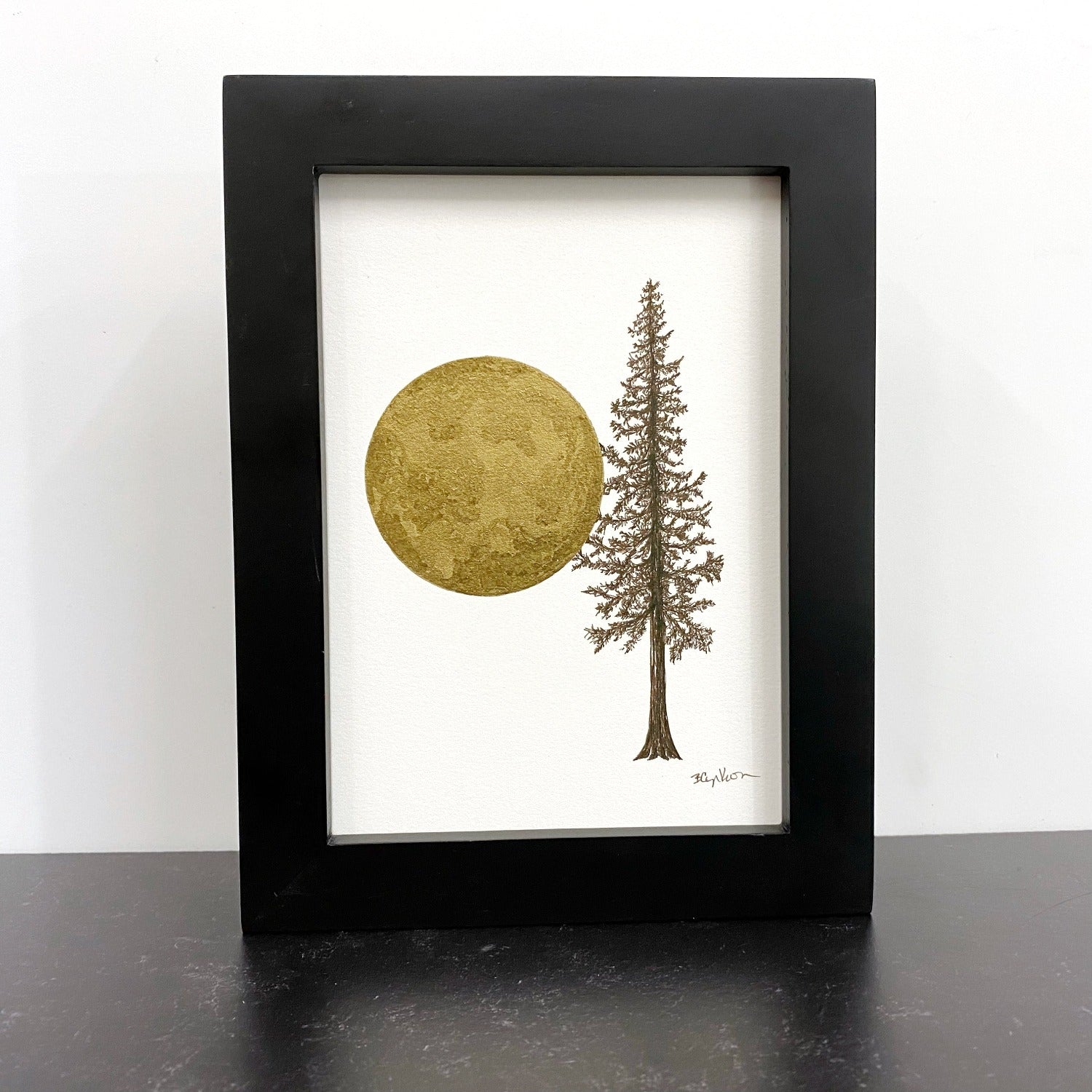 Giant Full moon with tall tree in brown ink - Original Drawing - 5&quot; x 7&quot;