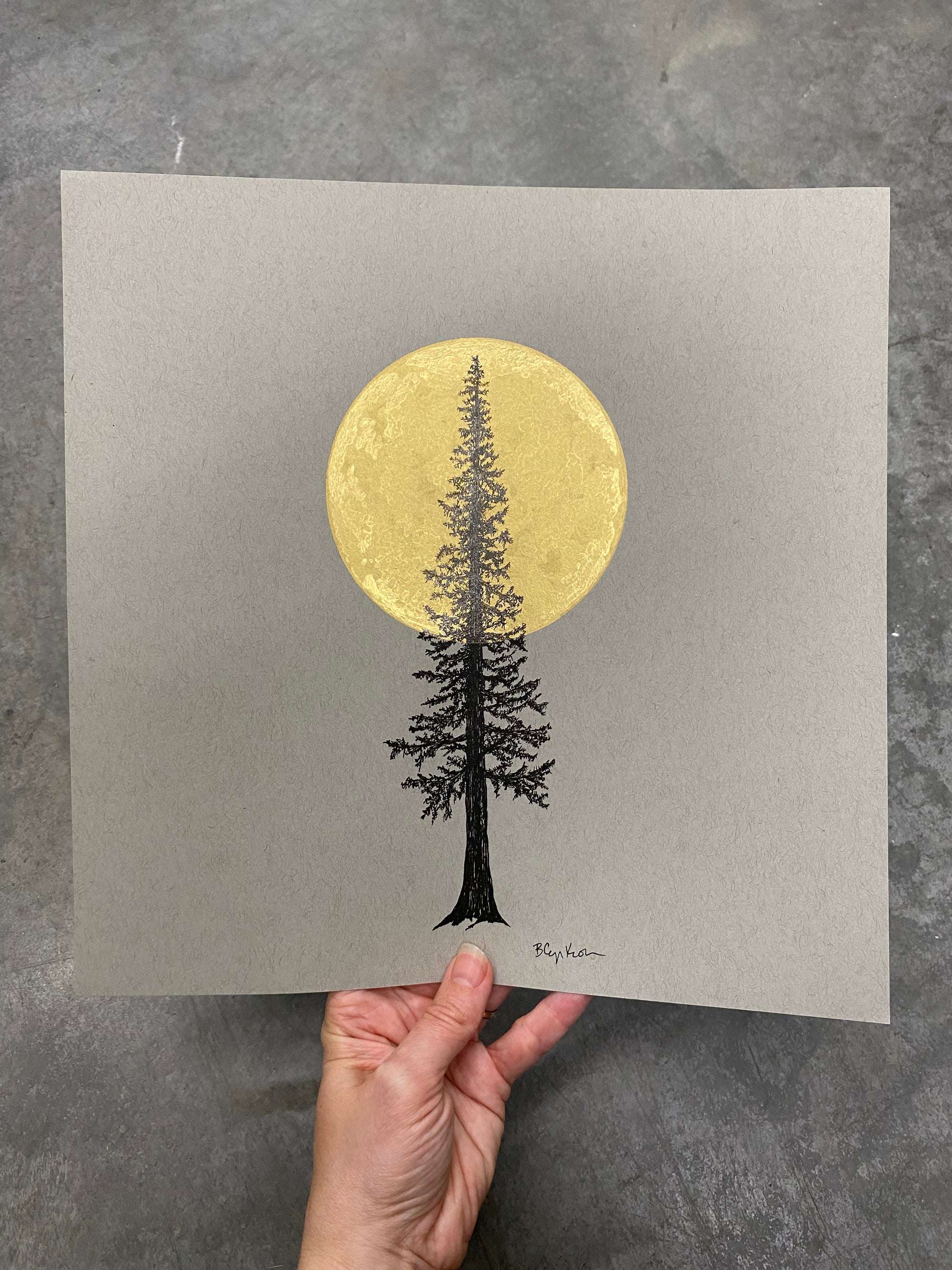 Super Moon and Tall Tree - Grey and Gold Collection 