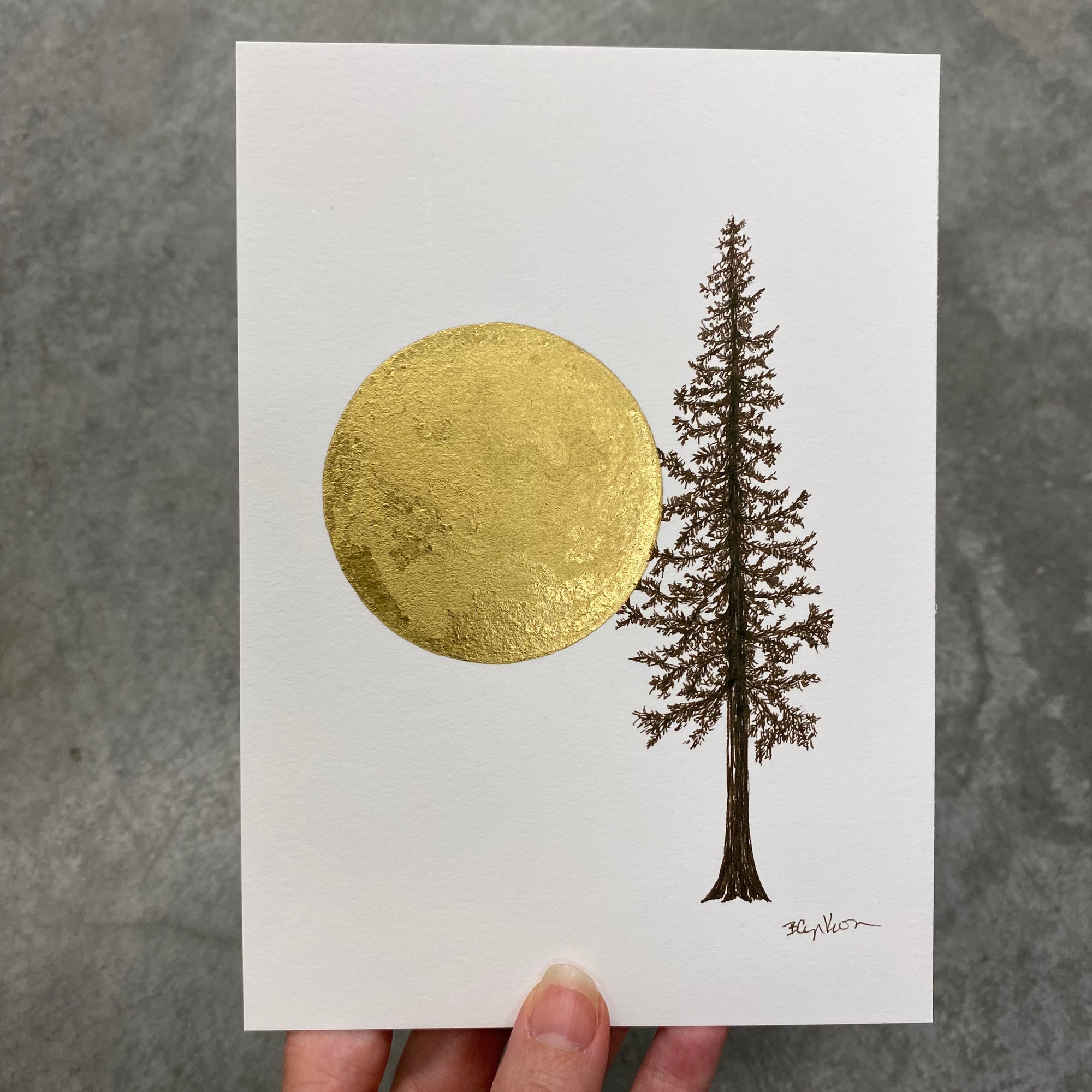 Giant Full moon with tall tree in brown ink - Original Drawing - 5&quot; x 7&quot;