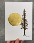 Giant Full moon with tall tree in brown ink - Original Drawing - 5" x 7"