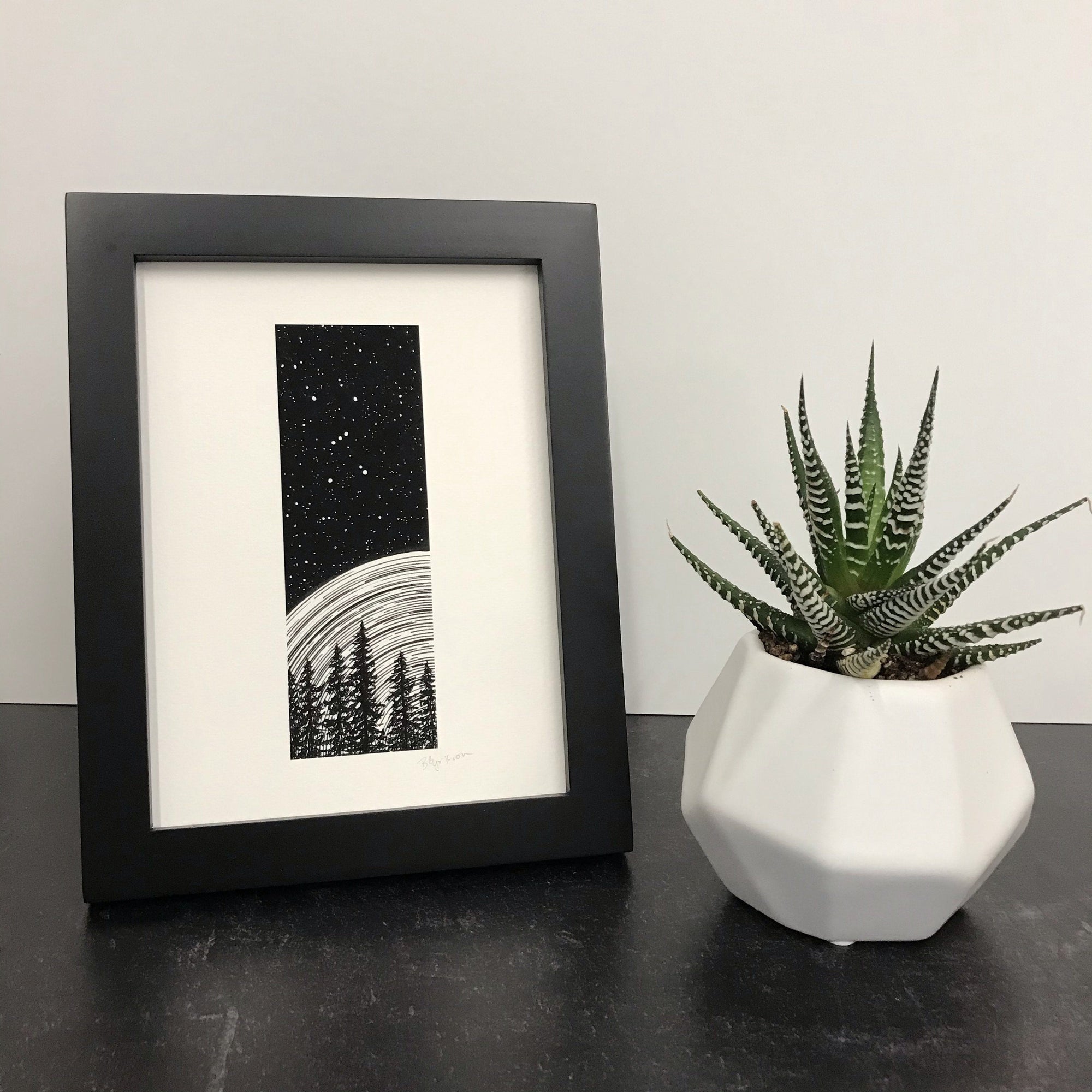 Orion Beyond Space and Time -Trees and Star Trails - Pen and Ink Drawing Print - Beth Cyr Handmade Jewelry