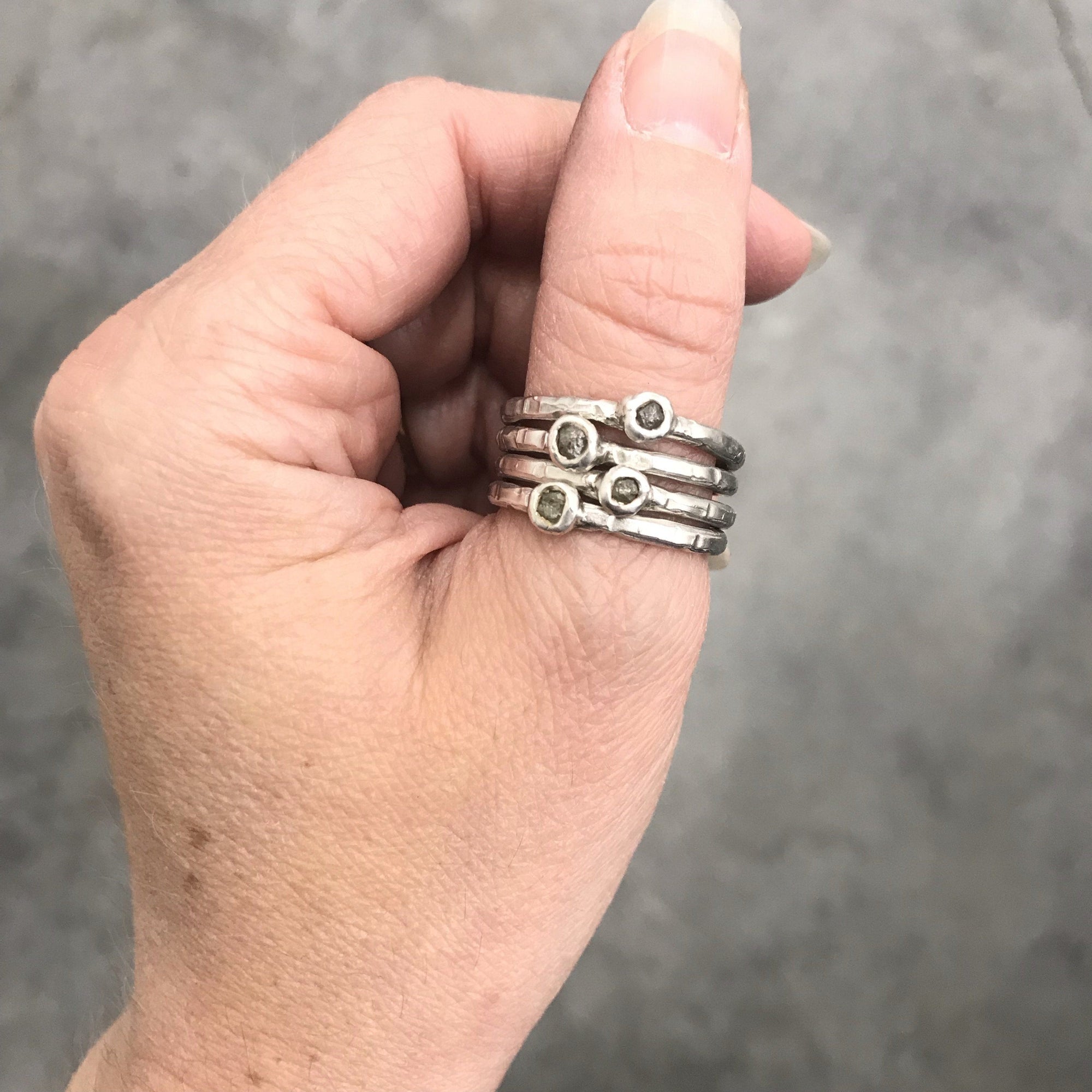 Rough Diamond Stacking Rings in Palladium Sterling Silver - Set of 4 - size 9 - Ready to Ship - Beth Cyr Handmade Jewelry