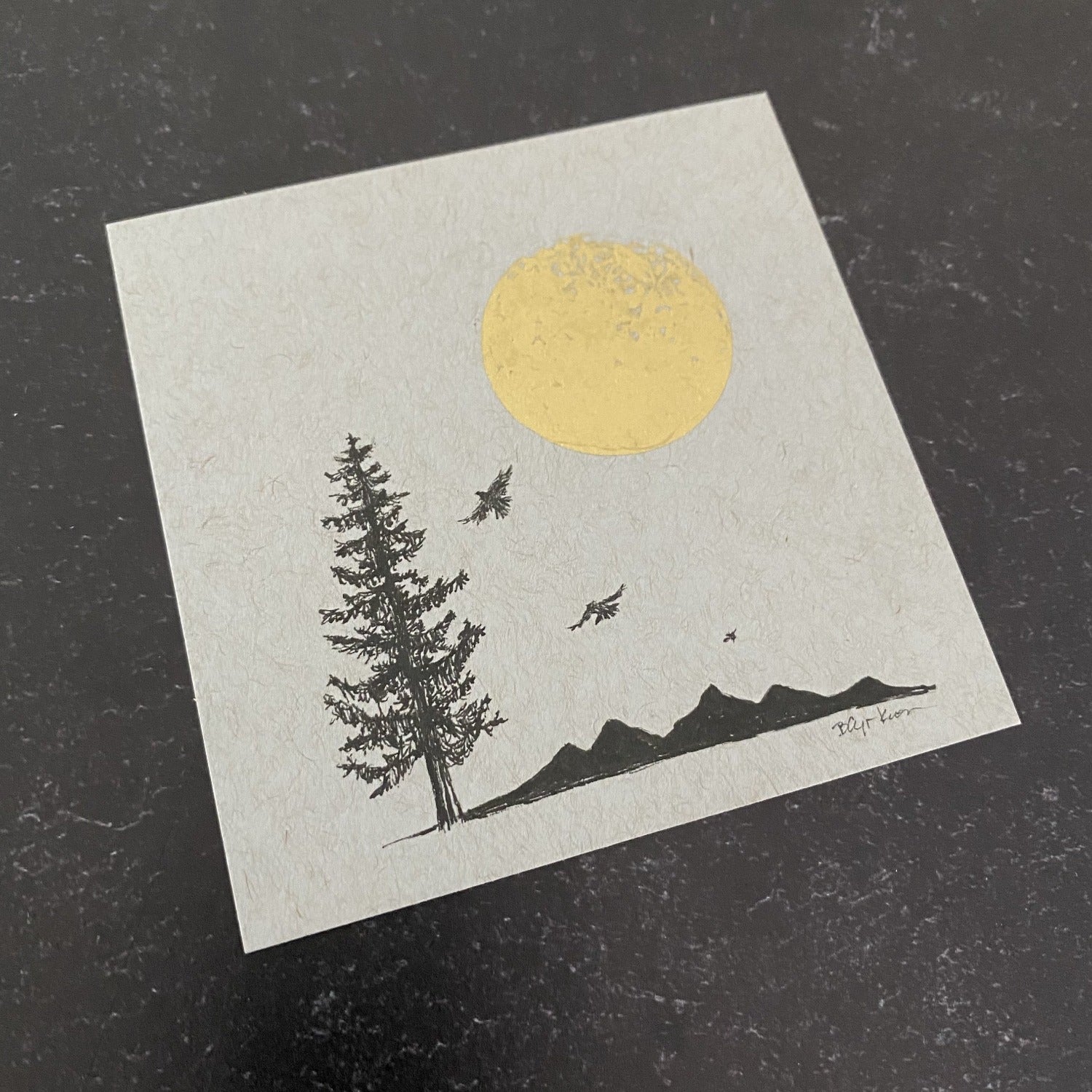 Bird and Mountain Silhouettes, Tree and Moon - Grey and Gold Collection 