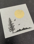 Bird and Mountain Silhouettes, Tree and Moon - Grey and Gold Collection 