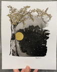 Beauty in the Upside Down 44 - Moonlit Bark and Golden Leaves - Original Drawing - 8”x10”