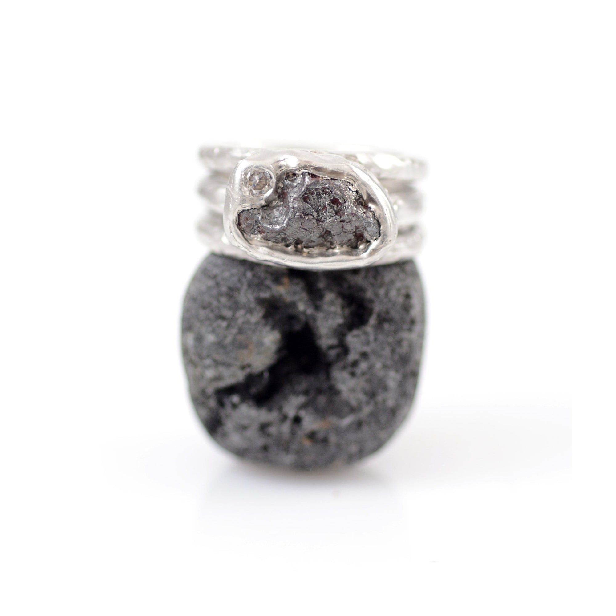 Meteorite and Moissanite Triple Ring in Palladium Sterling Silver - size 6.5 - Ready to Ship - Beth Cyr Handmade Jewelry