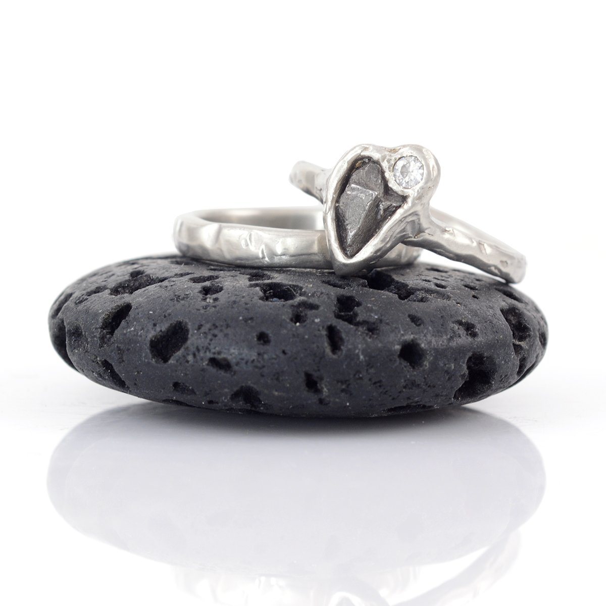 Meteorite and Moissanite Ring Set in Palladium Sterling Silver - size 6 1/4 - Ready to Ship - Beth Cyr Handmade Jewelry