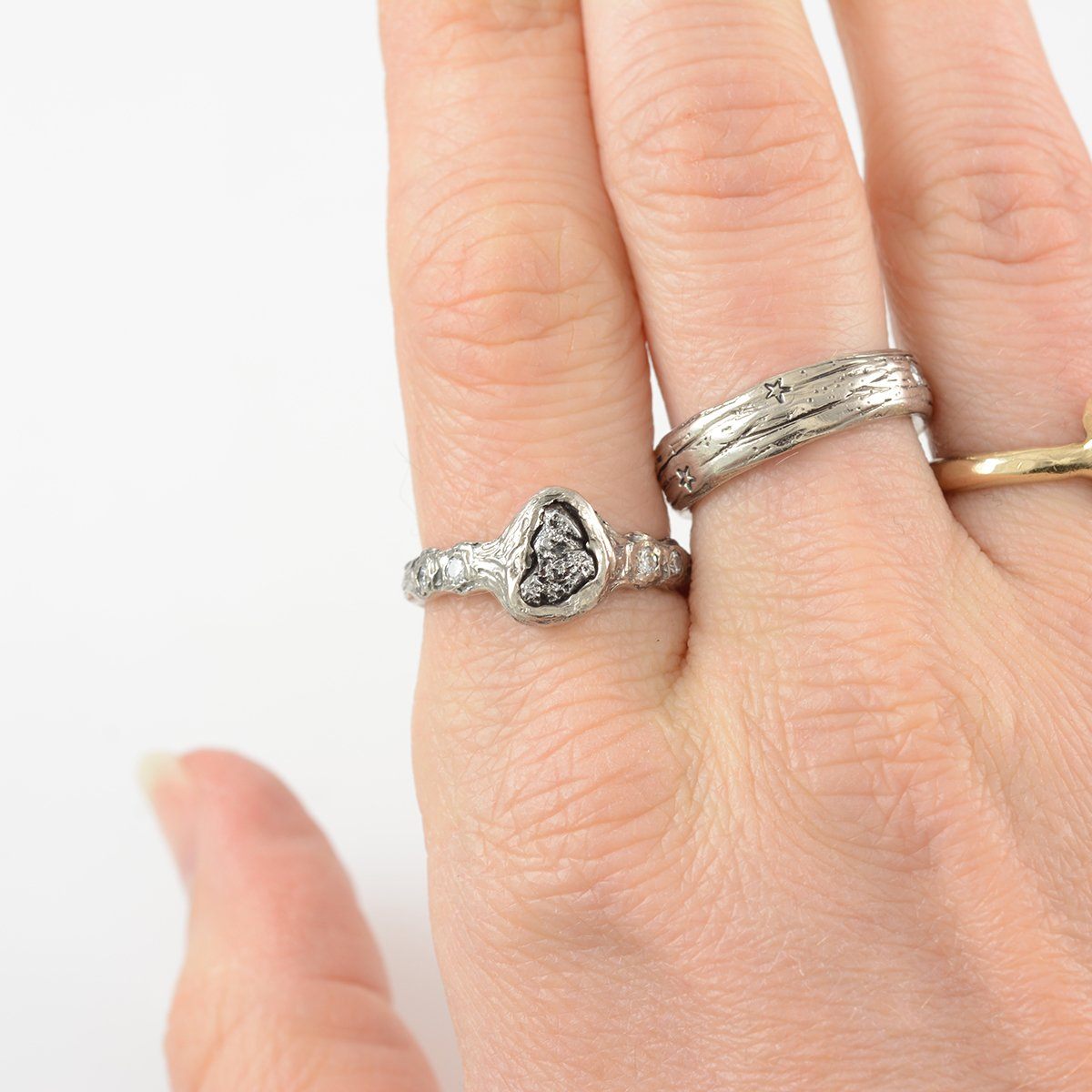 Meteorite Engagement Ring with Moissanite in Palladium/Silver with Tree Bark Texture - size 7 - Beth Cyr Handmade Jewelry